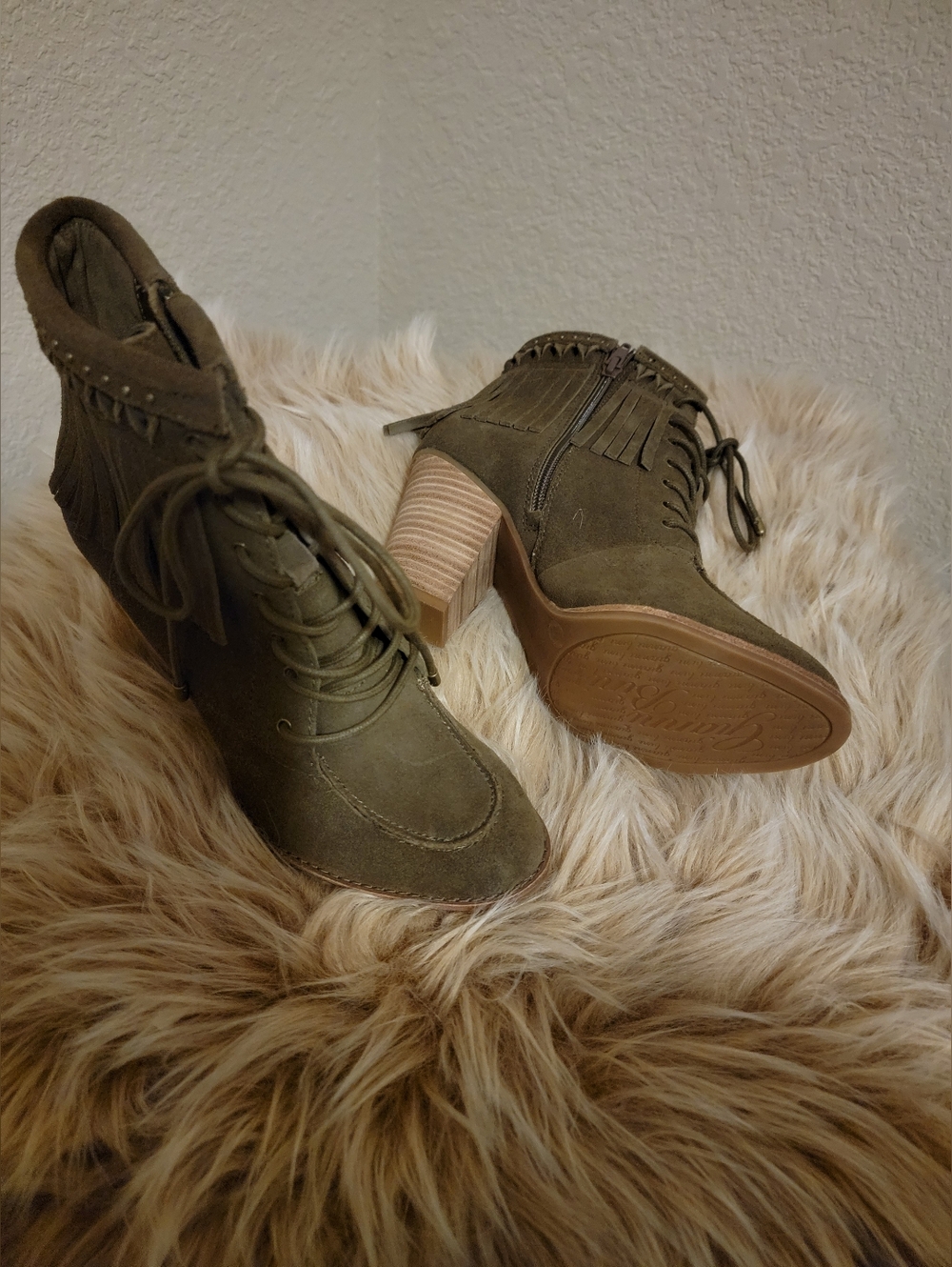 (NEW) Gianni Bini Lace-Up Fringe Boots - Army Green Color - Picture 4 of 4